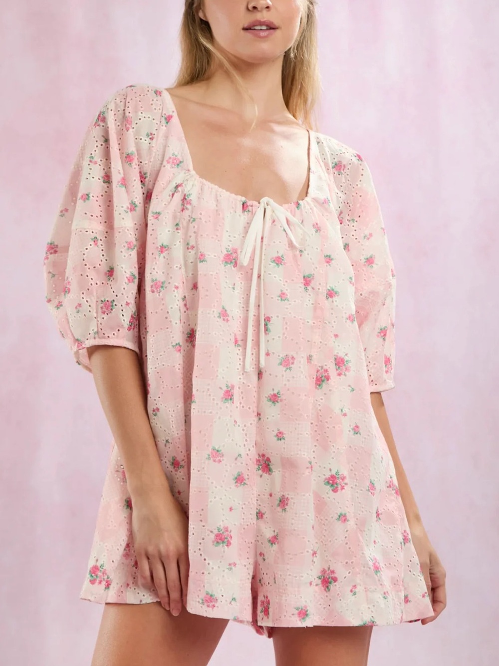 Peach Love California Pink Floral Eyelet Babydoll Chemise